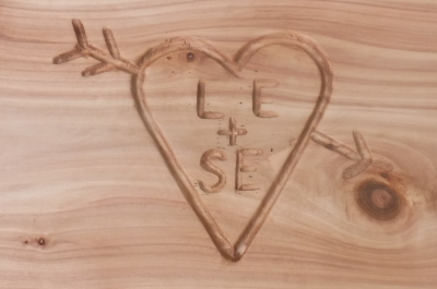 Love heart engraving on a wedding bench 