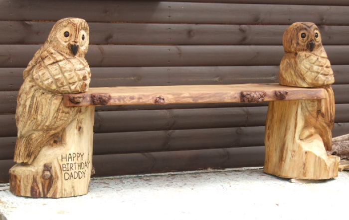 Owl bench chainsaw carving using live edge wood slab