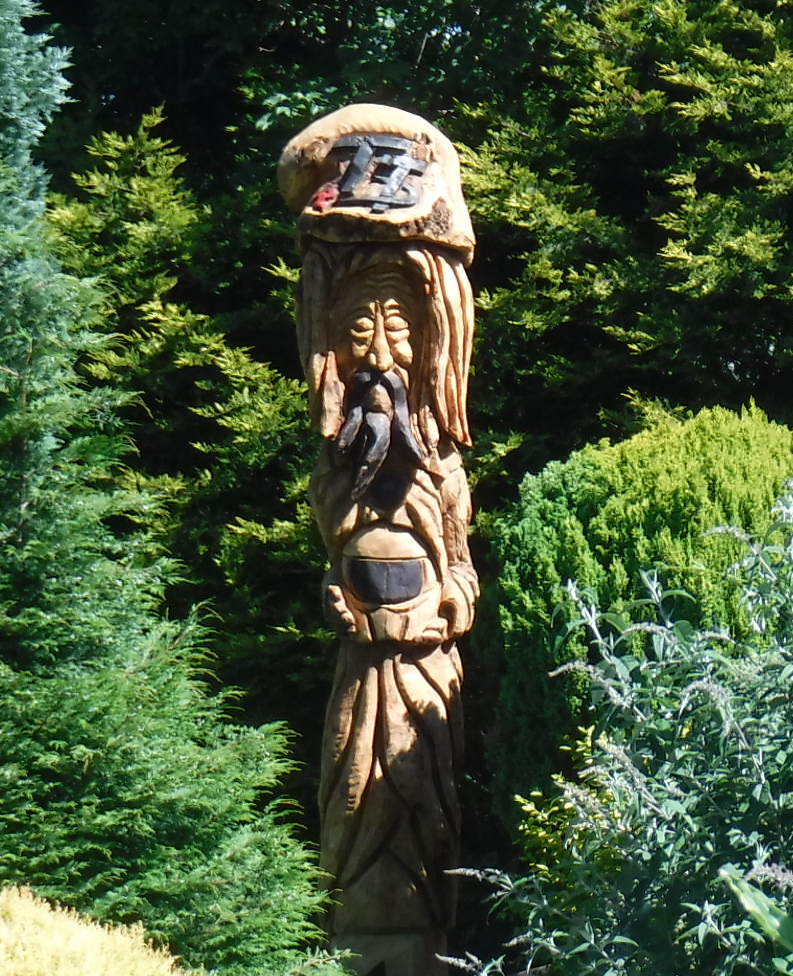 Tree stump carving of a wizard by Manx Chainsaw Carvings